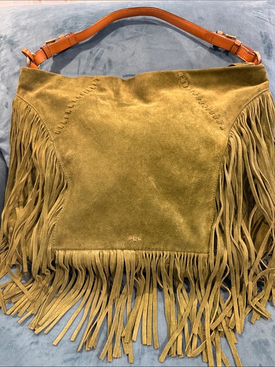 Ralph Lauren Handbags - Ralph Lauren Olive Suede Fringe Shoulder Bag with Tan Leather Strap 16x14in.